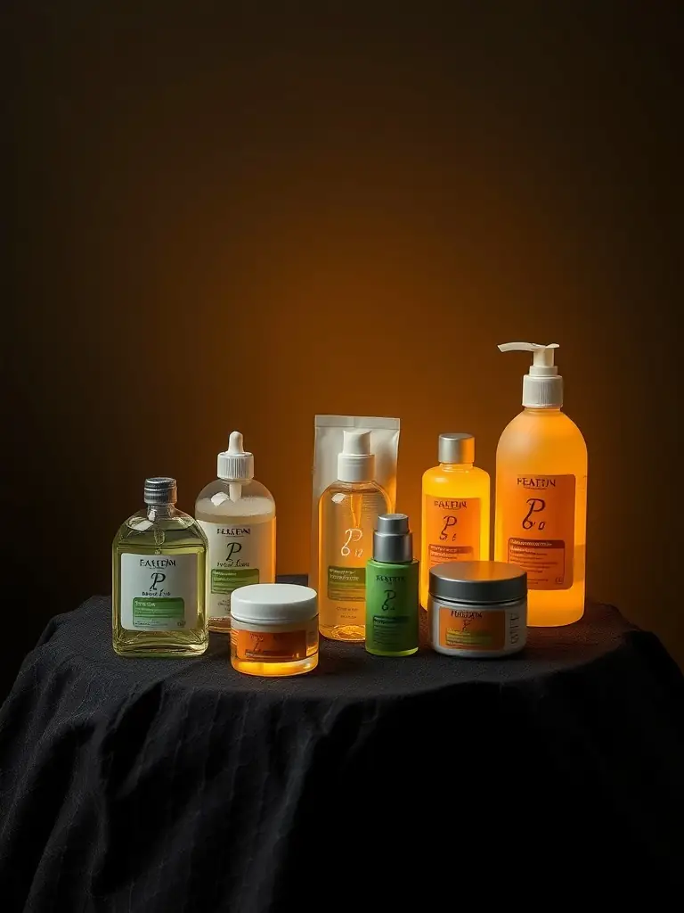 An artistic arrangement of eco-friendly products on a dark surface.