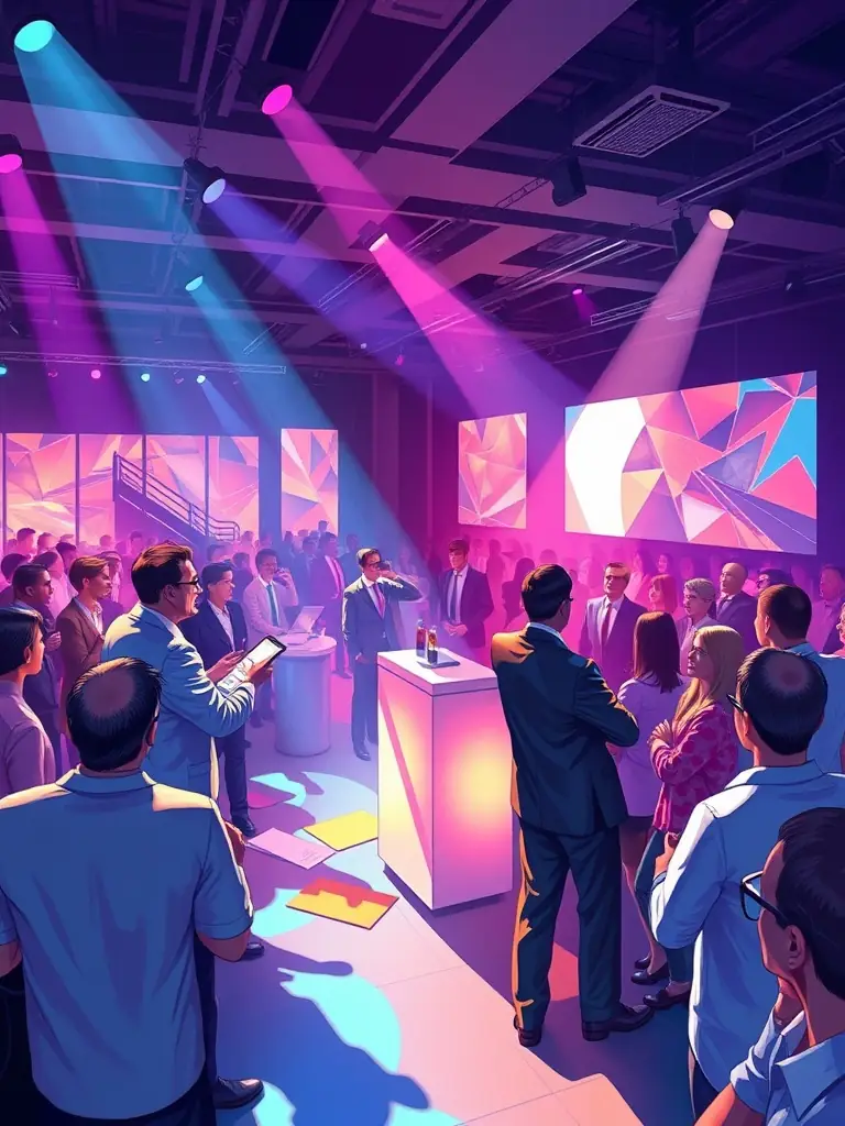 A dynamic corporate event with speakers and engaging activities.