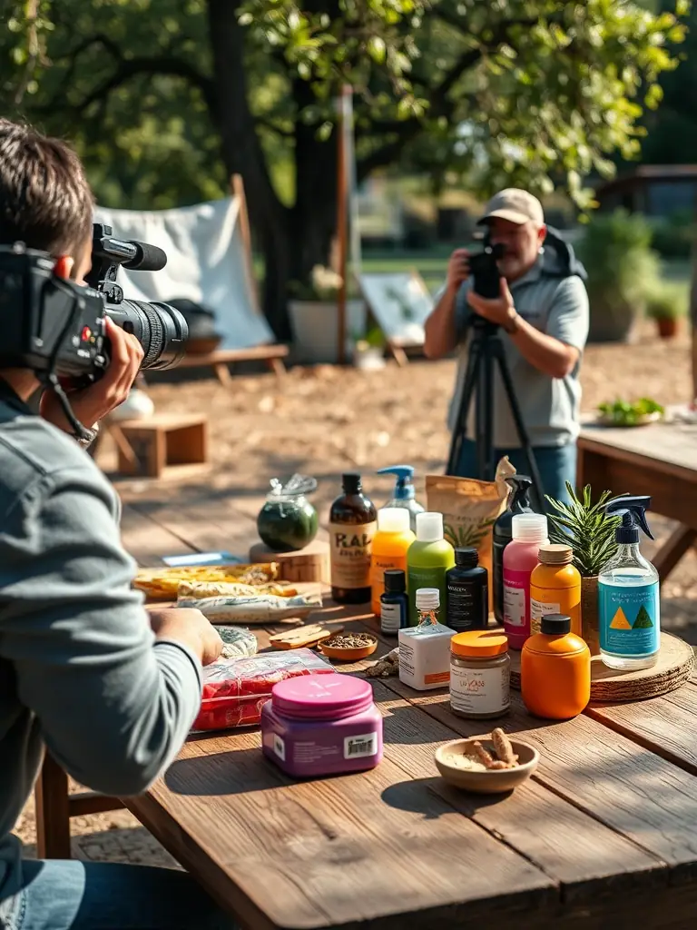 A creative video shoot featuring eco-friendly products on a wooden table.