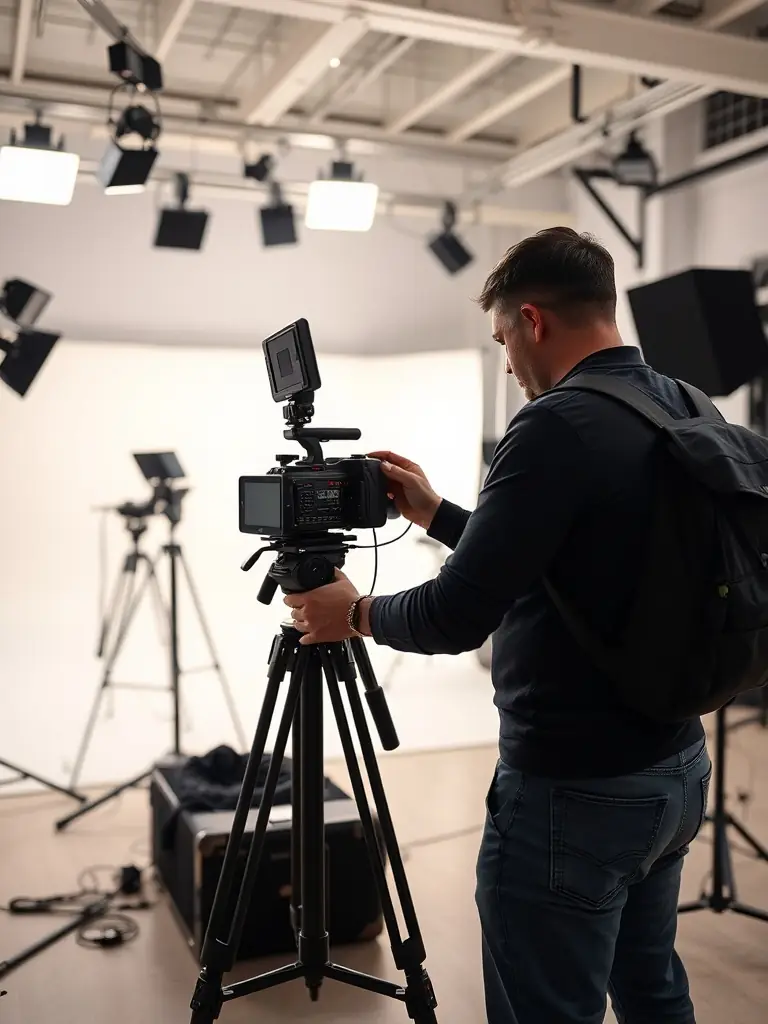 A professional videographer setting up a camera in a studio.
