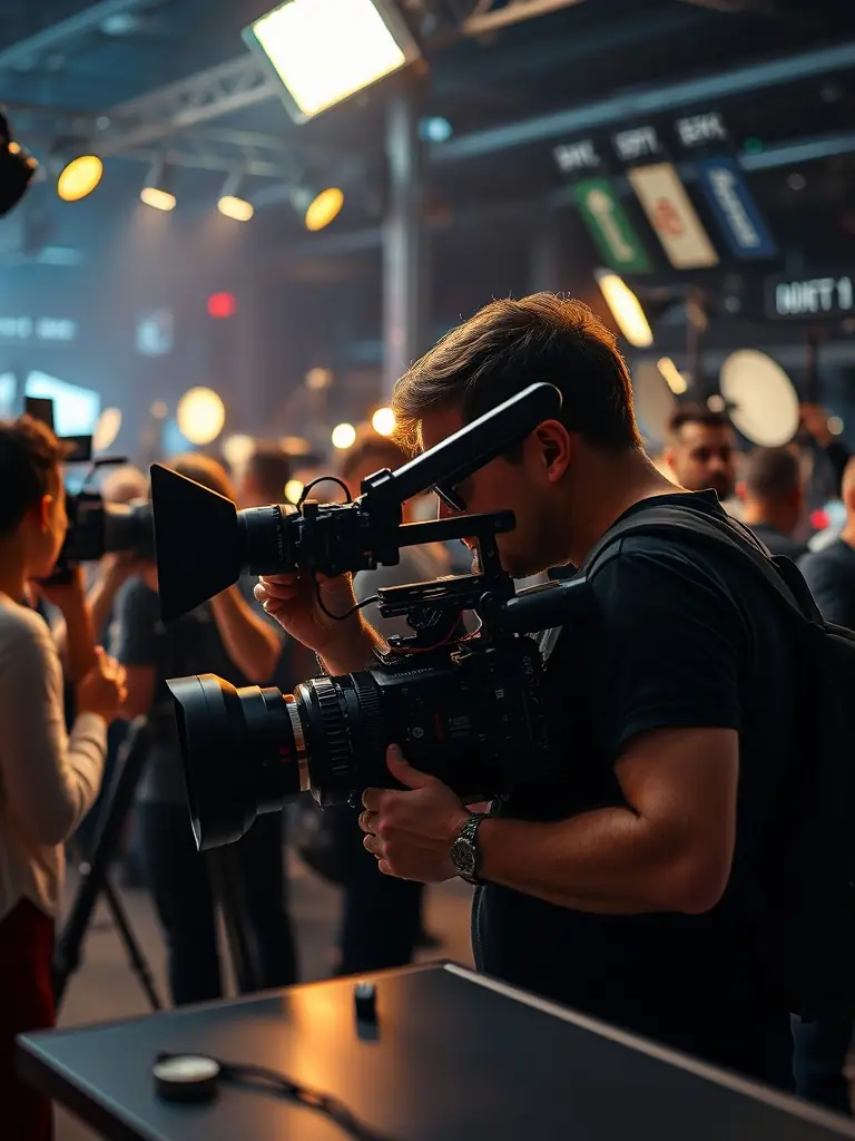 Behind-the-scenes shot of a video production crew working on a corporate video.